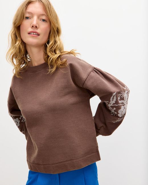 Oliver Bonas Brown Chocolate Cross Stitch Sleeve Sweatshirt, Size 14