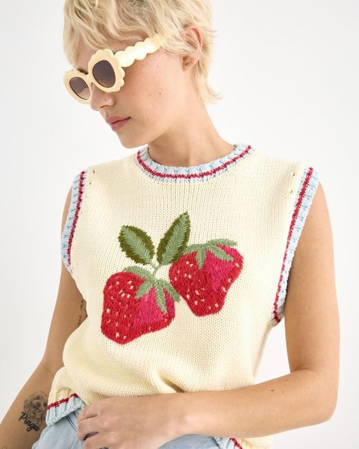 Oliver Bonas Pink Strawberry Embroidered Knitted Tank Top, Size 16