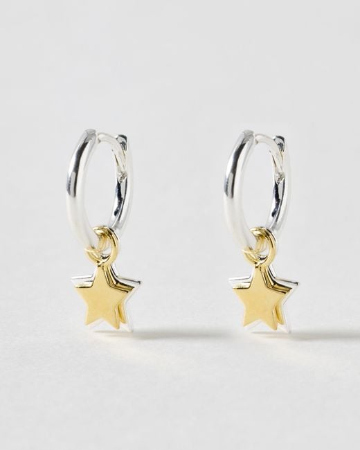 Oliver Bonas Metallic Callie Double Star Charm Silver & Hoop Drop Earrings