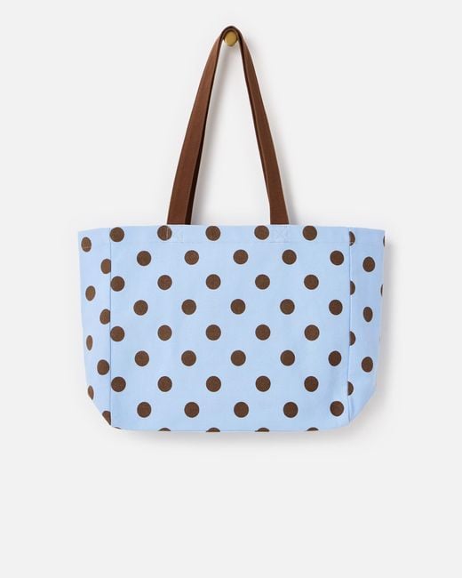 Oliver Bonas Light Blue & Brown Polka Dot Logo Fabric Tote Shopper Bag