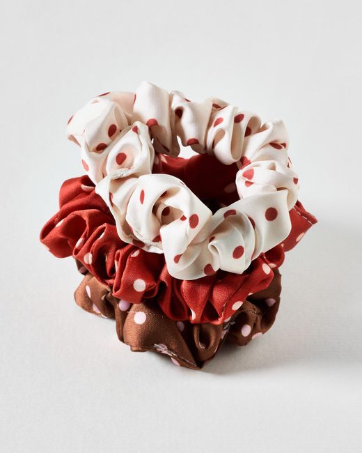Oliver Bonas Betsi Red Brown & Cream Polka Dot Mini Scrunchies Set Of Three