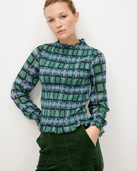 Oliver Bonas Green Blue & Checked Shirred Mesh Top, Size 6
