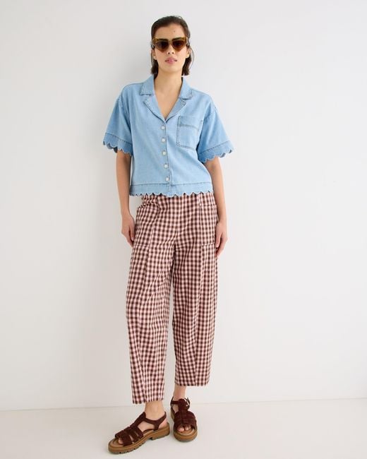 Oliver Bonas Blue & Brown Gingham Cotton Cropped Tapered Trousers, Size 10