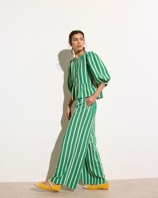 Oliver Bonas Green & Cream Striped Wide Leg Trousers, Size 10