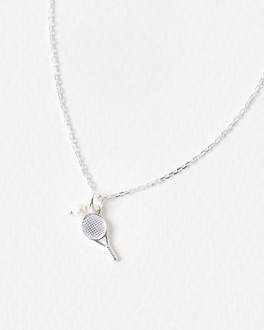 Oliver Bonas White Aryna Tennis Racket Charm & Pearl Pendant Necklace