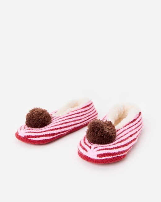 Oliver Bonas Pink & Red Striped Knitted Pom Pom Slippers, Size Small/medium