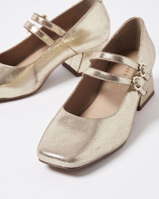 Oliver Bonas Natural Mary Jane Gold Metallic Leather Flared Heeled Shoes, Size Uk 3