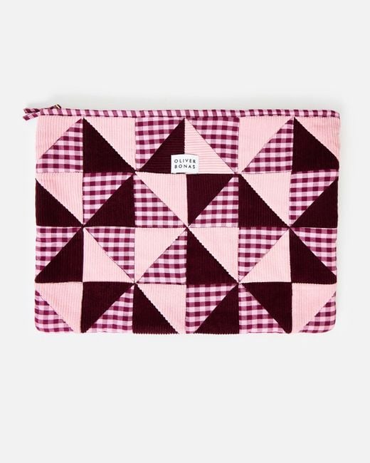 Oliver Bonas Emily Pink & Burgundy Patchwork Corduroy Laptop Case