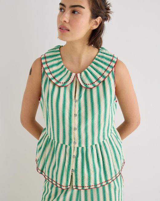 Oliver Bonas Green & Cream Striped Seersucker Collar Sleeveless Blouse, Size 10