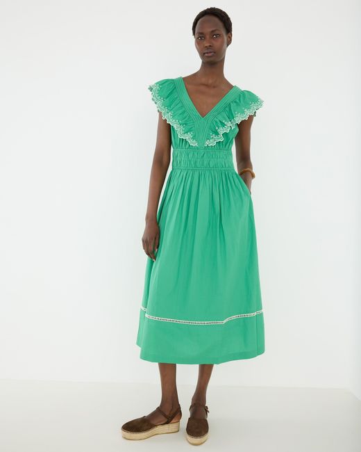 Oliver Bonas Green Broderie Frill V-neck Cotton Midi Dress, Size 10