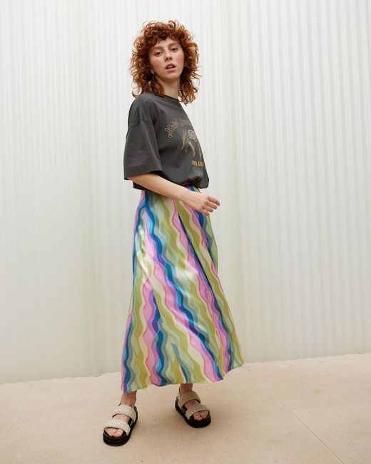 Oliver Bonas White Tidal Wave Print Midi Skirt, Size 6