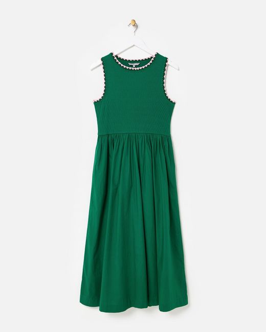 Oliver Bonas Green & Pink Crochet Trim Cotton Midi Dress, Size 14