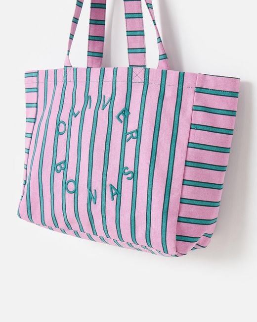 Oliver Bonas Blue & Green Striped Logo Fabric Tote Shopper Bag