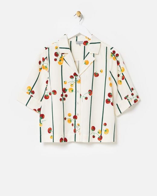 Oliver Bonas Natural Cream & Green Striped Tomato Print Short Sleeve Shirt, Size 10