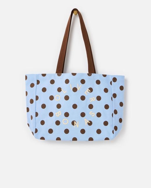 Oliver Bonas Light Blue & Brown Polka Dot Logo Fabric Tote Shopper Bag