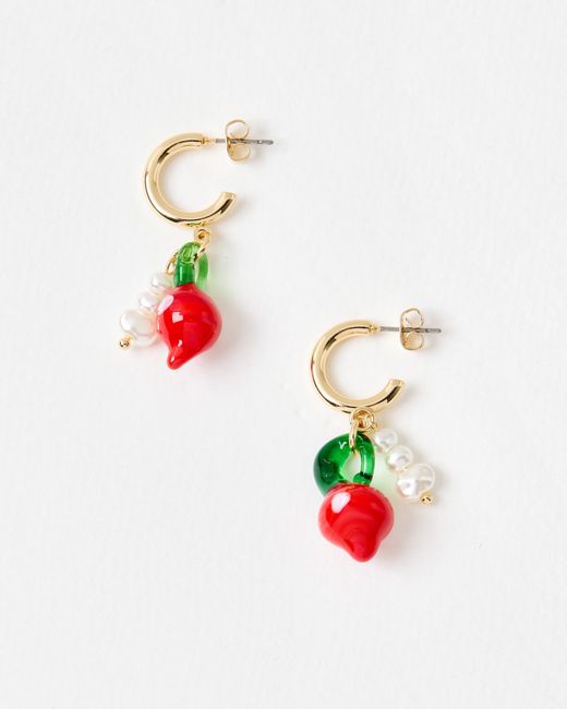 Oliver Bonas White Alea Pepper & Faux Pearl Charm Drop Hoop Earrings