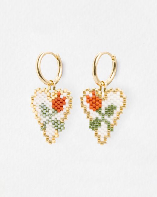 Oliver Bonas White Merissa Beaded Rose Detail Heart Drop Hoop Earrings