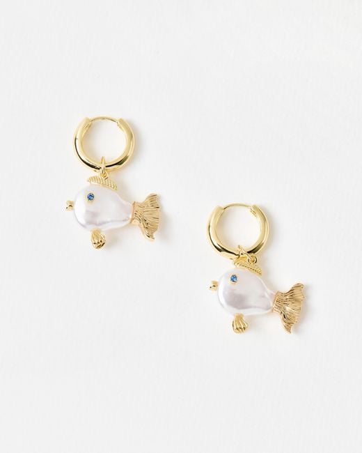 Oliver Bonas Metallic Fiona Fish Faux Pearl Drop Hoop Earrings