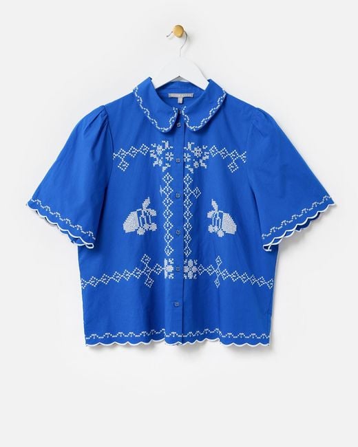 Oliver Bonas Blue Cobalt Cross Stitch Short Sleeve Shirt, Size 14