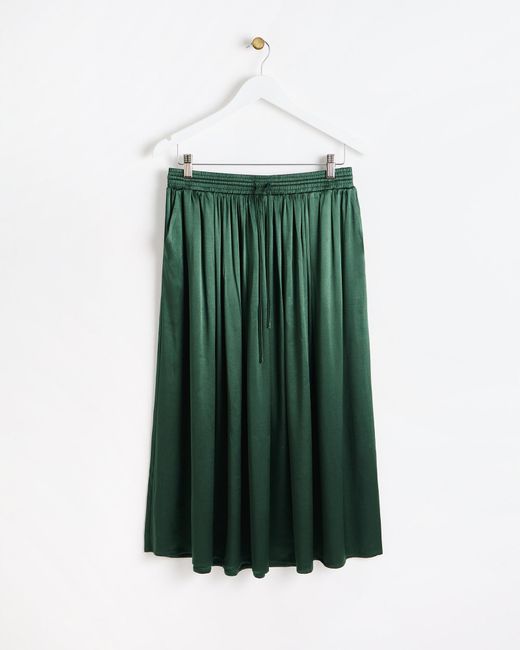 Oliver Bonas Green Olive Pleated Satin Midi Skirt, Size 6