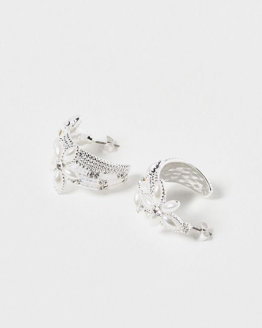 Oliver Bonas White Maeve Faux Pearl Flower Silver Hoop Earrings