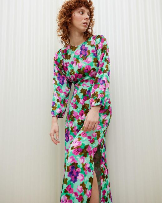 Oliver Bonas Blue Blurred Floral Print Midi Dress, Size 8