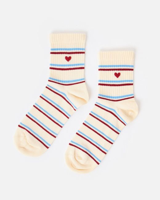 Oliver Bonas White Blue & Red Striped Heart Ankle Socks