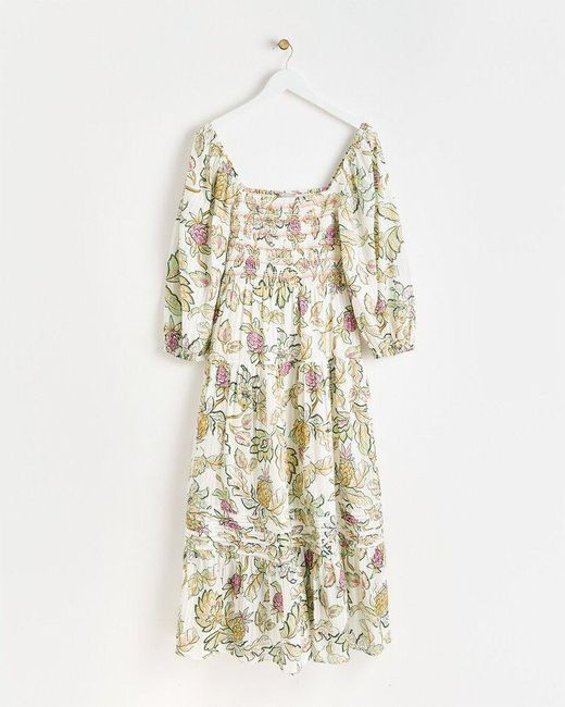 Oliver Bonas Natural Tropical Paisley Shirred Midi Dress