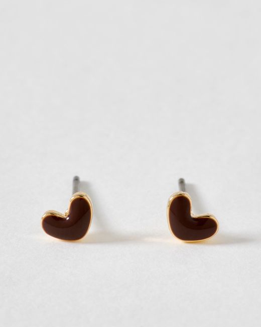 Oliver Bonas Brown Anne Mini Enamel Heart Stud Earrings