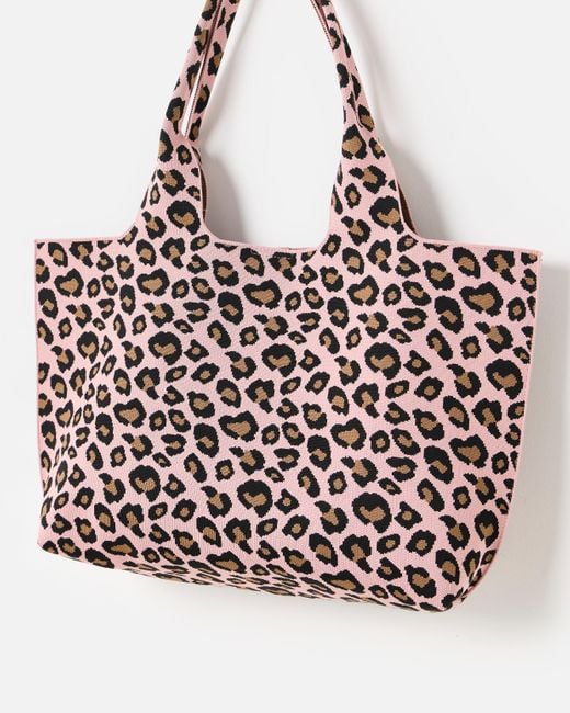 Oliver Bonas Metallic Light & Brown Leopard Print Knitted Tote Bag
