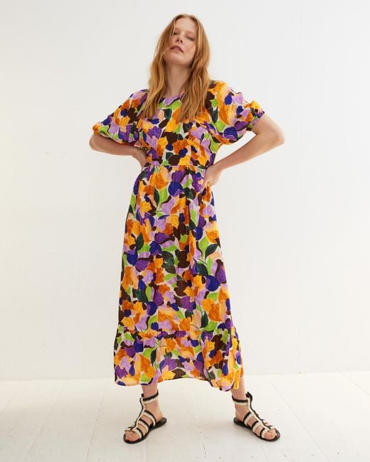 Oliver Bonas White Abstract Petal Floral Print Midi Dress, Size 16