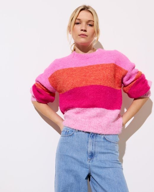 Oliver Bonas Pink & Orange Striped Crew Neck Knitted Jumper, Size 6