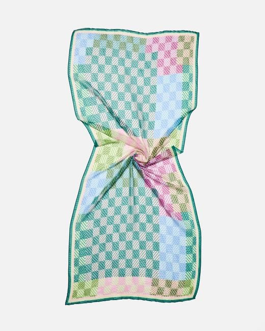 Oliver Bonas Blue Green & Pink Chequerboard Pleated Lightweight Scarf