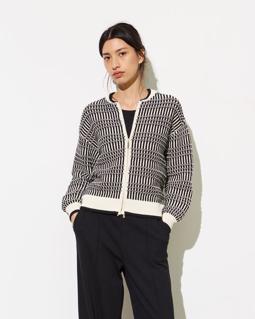 Oliver Bonas Gray Monochrome Striped Knitted Bomber Jacket, Size 6