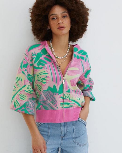 Oliver Bonas Multicolor Tropical Green & Pink Knitted Bomber Jacket, Size 16
