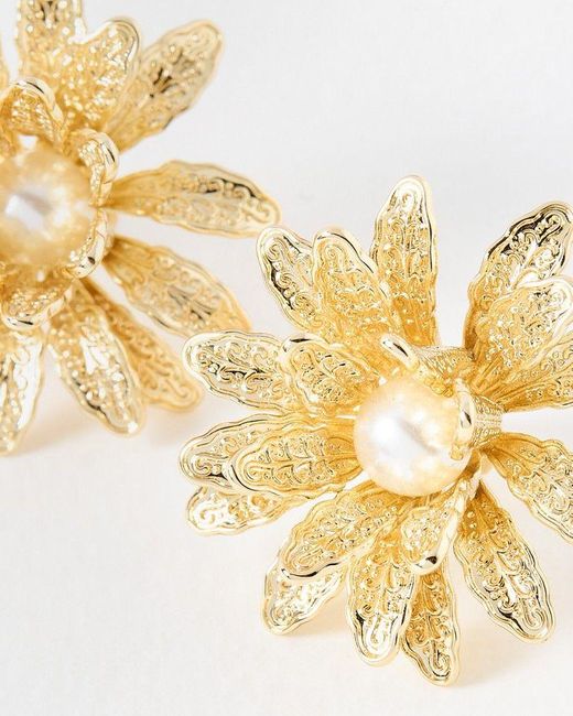 Oliver Bonas Metallic Montana Textured Flower Faux Pearl Stud Earrings