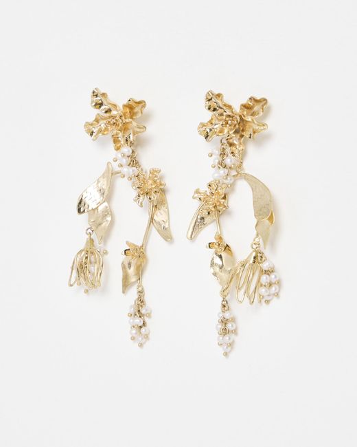 Oliver Bonas Metallic Celeste Flower & Leaf Pearl Cluster Statement Earrings