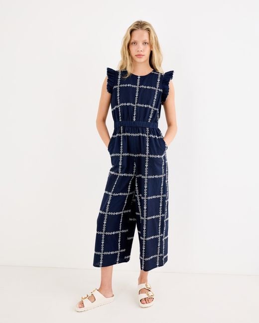 Oliver Bonas Blue & White Embroidered Sleeveless Cropped Jumpsuit, Size 10