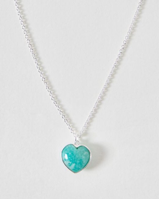 Oliver Bonas Blue Sorcha Amazonite Inlay Heart Charm Silver Pendant Necklace