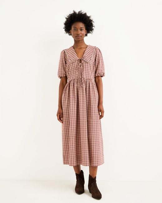 Oliver Bonas Pink & Brown Checked Frill Collar Tie Front Midi Dress, Size 10