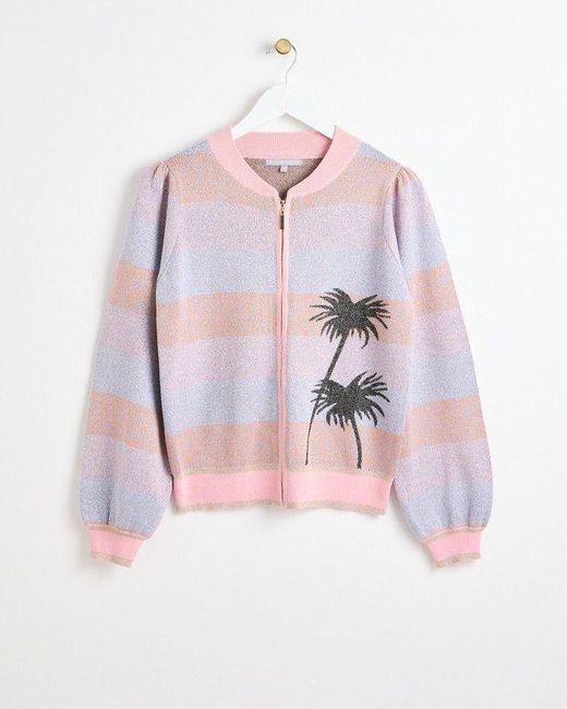 Oliver Bonas White Palm Tree Pink Sparkle Knitted Bomber Jacket
