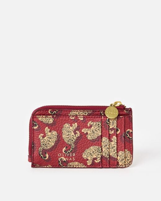 Oliver Bonas Red Burgundy Snow Leopard Zipped Card Holder