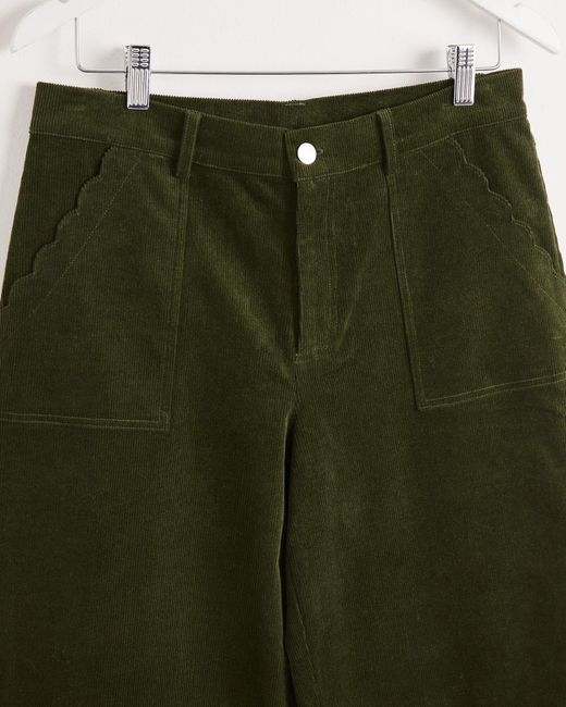Oliver Bonas Multicolor Olive Green Wide Leg Scalloped Pocket Corduroy Trousers, Size 6