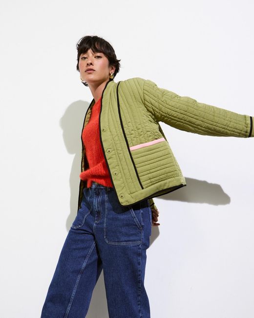 Oliver Bonas Green Black Trim Quilted Jacket, Size 6