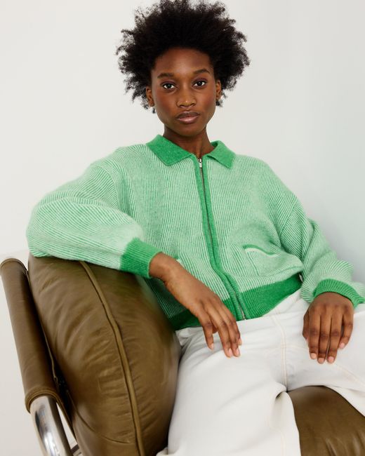 Oliver Bonas Green Striped Collared Knitted Bomber Jacket, Size 10