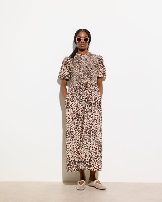 Oliver Bonas Natural Leopard Print Shirred Bodice Puff Sleeve Midi Dress, Size 6