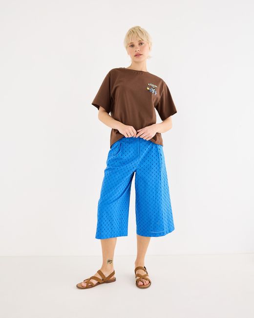 Oliver Bonas Blue Cobalt Broderie Wide Leg Culotte Trousers, Size 10