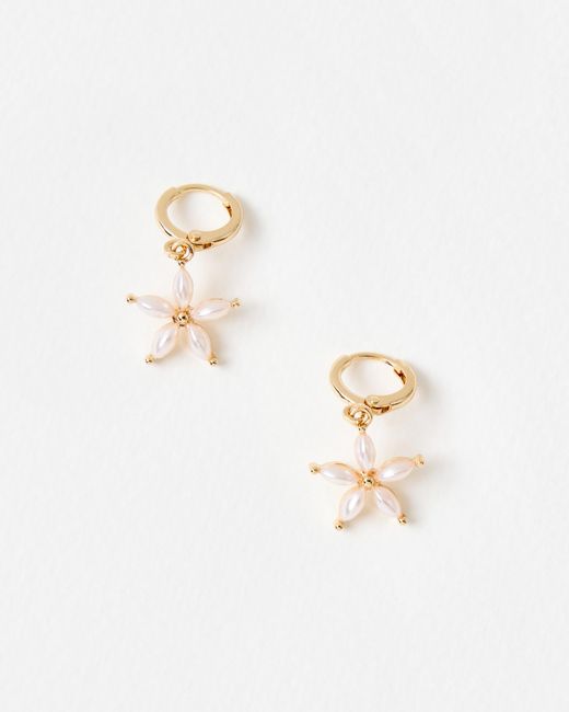 Oliver Bonas White Herba Faux Pearl Flower Drop Huggie Earrings