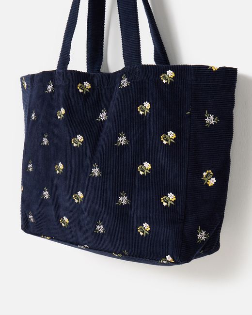 Oliver Bonas Blue Floral Embroidered Corduroy Tote Shopper Bag
