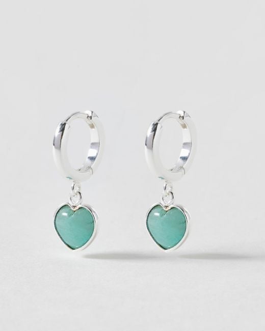 Oliver Bonas Blue Sorcha Amazonite Inlay Heart Charm Silver Hoop Drop Earrings
